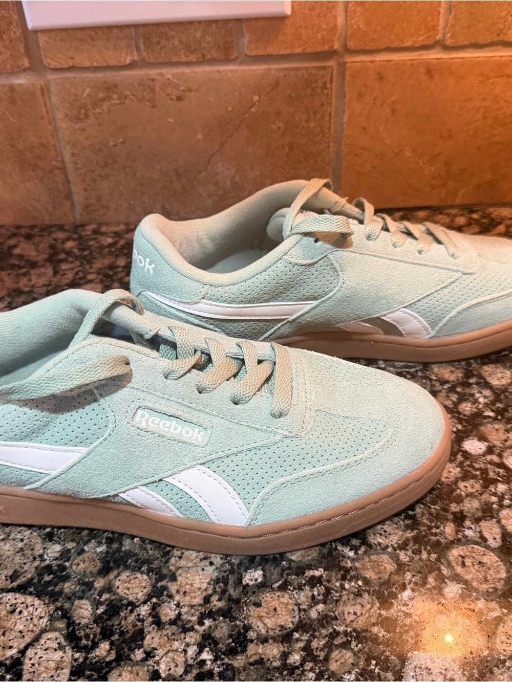 Reebok Women’s Mint Green Suede Sneakers with White Stripe and Gum Sole - Picture 3 of 8